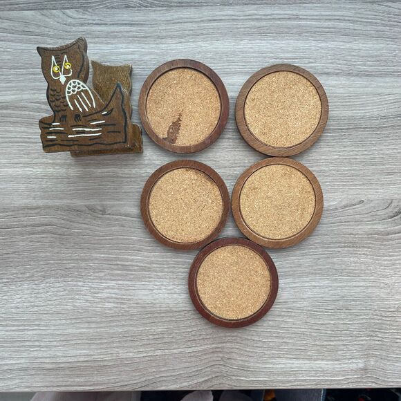 Vintage Owl Coaster Holder And Coaster Set Of 5 MCM - Picture 3 of 11